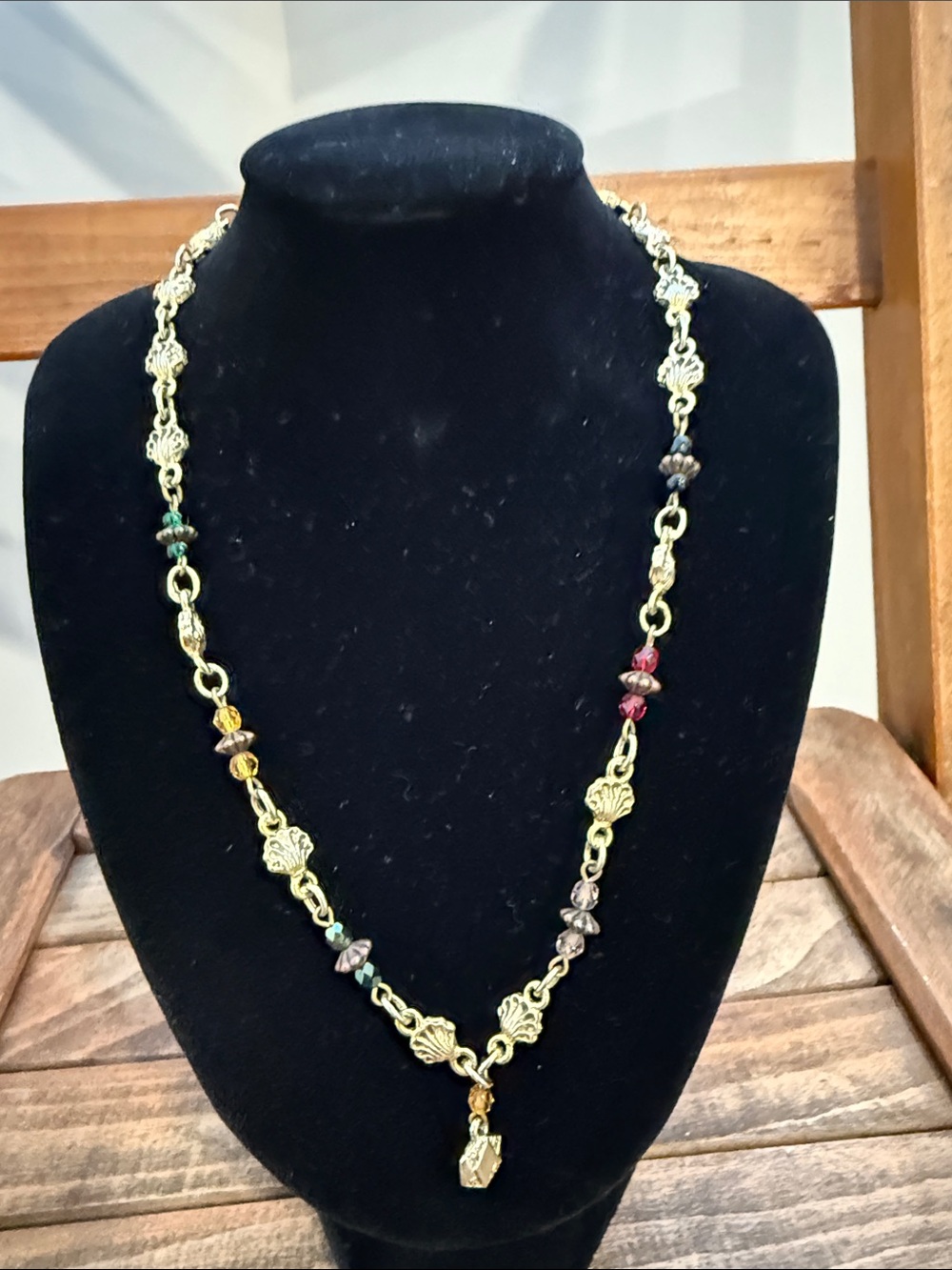 Vintage The Limited Gold Tone Shell Beaded Statement Necklace Multicolor